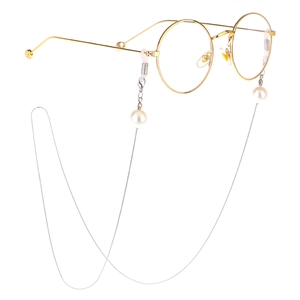 Fashion gold round frame glasses with pearl decorated long chain strap eyewear accessory