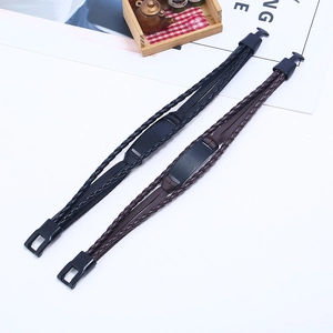 Braided leather bracelets in black and brown with matte metal plate for men and women