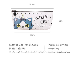 Vue détaillée de la trousse chat à pois blancs avec texture en cuir PU et dimensions