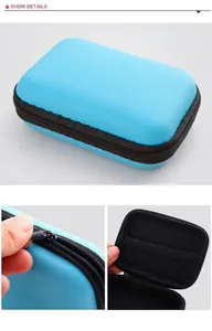 Sky blue EVA hardshell case with elastic mesh pocket for earbuds and data cables