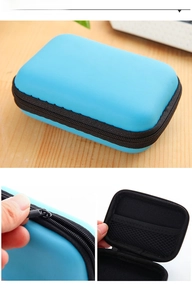 Sky blue EVA hardshell case with elastic mesh pocket for earbuds and data cables