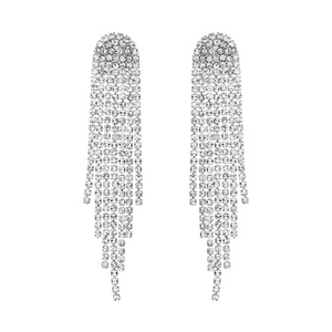 Detailed view of silver long tassel earrings with sparkling rhinestone fringe for weddings