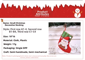 Detailed specs for 10x16cm red and green Christmas stocking with Santa Claus motif