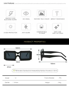 Detailed size chart for square frame sunglasses with frame width and lens height dimensions