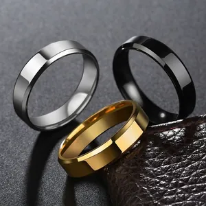 Polished 6mm stainless steel band rings in silver, black and gold finishes for men