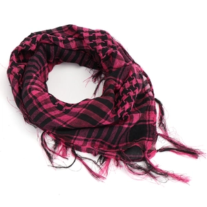 Close-up of pink and black checkered tactical scarf with fringe detail on white background