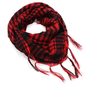 Red and black checkered tactical shemagh scarf with long decorative fringe tassels