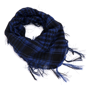 Detail of blue and black checkered shemagh scarf with tactical tassel fringe edges