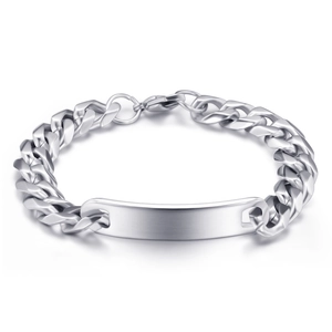 Polished silver stainless steel 11mm Cuban link bracelet with rectangle ID bar for men