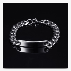 Polished silver stainless steel Cuban link bracelet with engravable rectangular bar plate