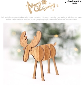 Close-up of wooden DIY reindeer ornament with natural grain and warm holiday lighting