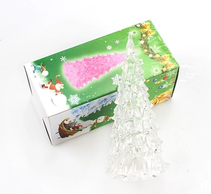 Detail of transparent acrylic Christmas tree night light with festive gift box packaging