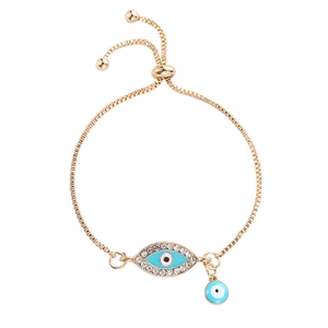 Adjustable golden Evil Eye bracelet with blue enamel and sparkling rhinestones for women