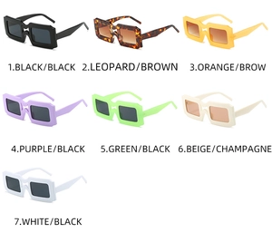 Detailed grid view of square thick frame sunglasses in seven trendy assorted colors