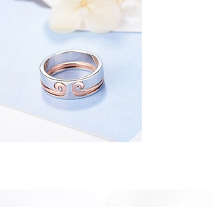 Macro shot of silver ring with rose gold wave pattern on a light blue card
