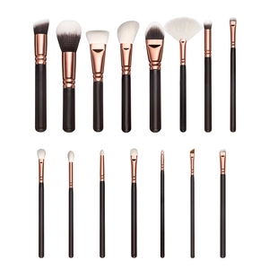 15-piece professional makeup brush set with black handles and rose gold ferrules