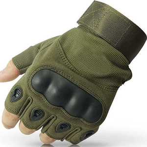 Military green tactical half-finger gloves with hard shell protection and breathable mesh
