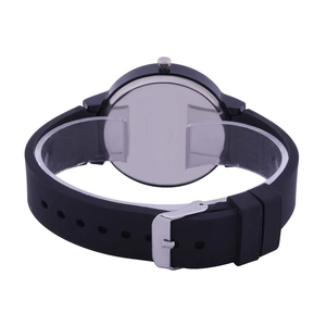 Detail view of the black silicone watch strap with silver stainless steel buckle and case back