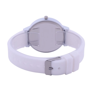 Detail view of the brushed silver metal back case and soft white silicone watch strap