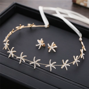 Starfish Hairband And Earrings Alloy Rhinestone Ribbon Wedding Bridal Party Korean Elegant Shinny Headpiece