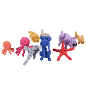 Eight colorful hand-woven cotton rope dog toys in various animal shapes for pet chewing