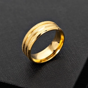 Detail of gold frosted ring with polished dual lines on black textured box