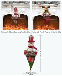 Detail of 47cm Christmas stocking made of brushed fabric with plaid snowman and elk patterns