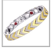 Macro shot of silver and gold plated magnetic bracelet links with folding clasp