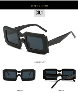 Detailed view of black square frame sunglasses with thick edges in three different angles