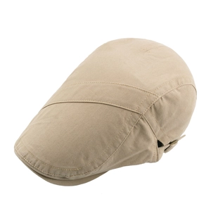 Classic khaki cotton flat cap for men with adjustable metal side buckle and stitched panels