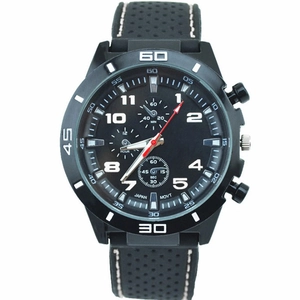 Fashionable sports car style men's watch with black silicone strap and white stitching