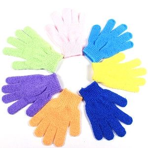 Set of seven colorful nylon exfoliating bath gloves in a circular rainbow arrangement