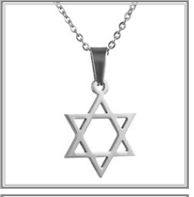 Close-up of a silver stainless steel necklace with a polished hexagram star pendant