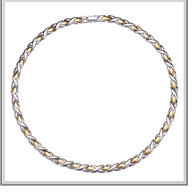 Close-up of interlocking two-tone gold and silver chain link necklace for women