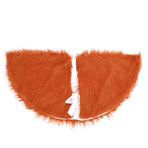 Brown long plush Christmas tree skirt with white ties on a clean white background