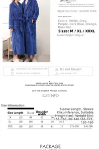 Detailed size guide for flannel plush bathrobes showing M to XXXL measurements