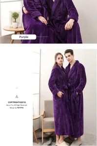 Detail showing deep purple waffle weave fabric and waist belt of the long bathrobe