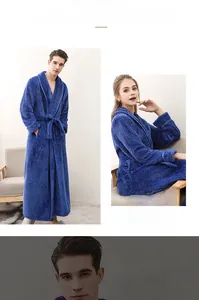 Detailed view of thick royal blue flannel bathrobe with waffle texture and waist tie belt