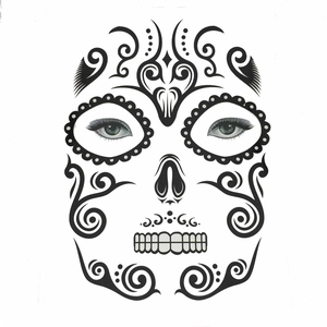 Detail of Day of the Dead black and white skull face tattoo sticker with swirl patterns