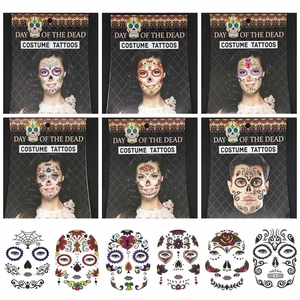 Detailed set of 6 Day of the Dead costume tattoo sheets with skull and spider web designs