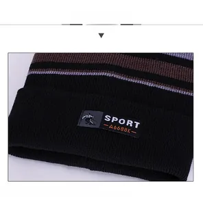 Macro detail of knit texture and striped pattern on fleece-lined sport winter beanie