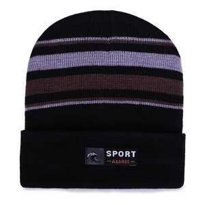 Winter striped knit beanie with fleece lining and sport tag for cold weather warmth