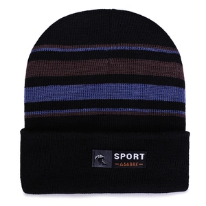 Black knitted winter beanie with blue stripes and sport patch for cold weather
