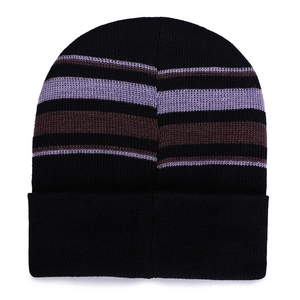Winter striped knit beanie with fleece lining in black, purple and brown tones
