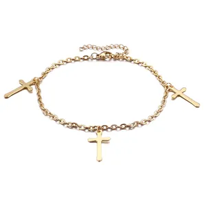 Stainless Steel Cross Pendant Anklet Minimalist Fashion Three Crosses Adjustable Foot Chain For Women