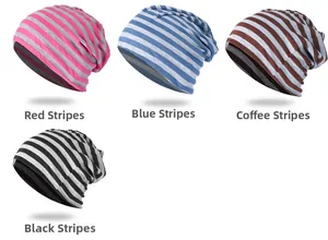 Detailed grid of striped slouchy beanies in pink, blue, coffee, and black tones