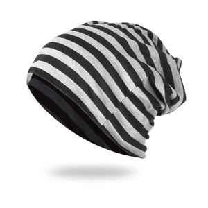 Unisex black and grey striped slouchy beanie hat in soft knit fabric for casual wear