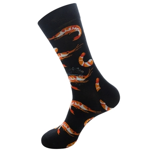 Detailansicht schwarzer mittelhoher Socken mit realistischem Garnelenmuster und Rippbündchen