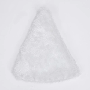 White plush Christmas tree skirt made of soft faux fur in a triangular folded shape