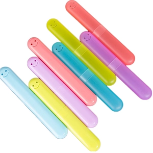 Portable plastic travel toothbrush case set with smiling face pattern in various colors